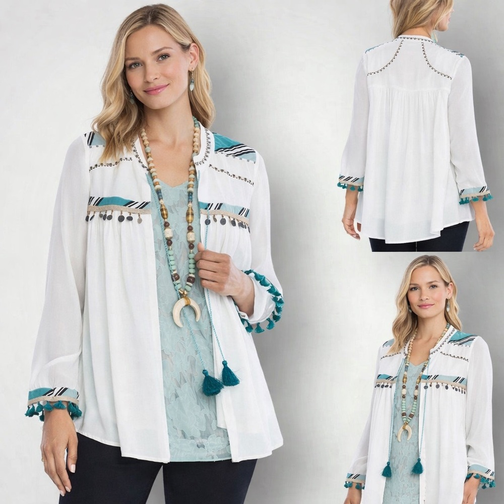 NWOT Chico’s Tassel Tie Jacket Size Large Beaded Embroidered Long Sleeves